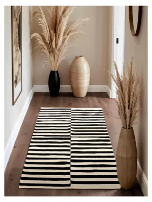 Produktbild von Wollteppich Donna - Natur Woll-Läufer - Handgewebt - Streifen Design Wolle Modern für Wohnzimmer, Schlafzimmer, Esszimmer, Flur - Schwarz Natur Weiß, 80x200cm