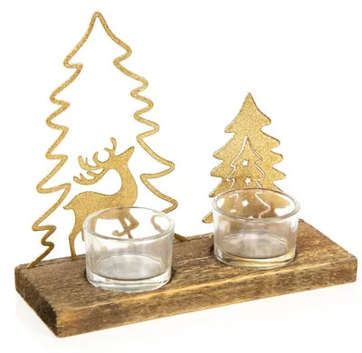 Produktbild von Weihnachtlicher Teelichthalter aus Holz & Metall Gold Natur 19 x 16,5 cm