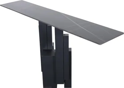 Imagen del producto de Mesa consola FURNLUX, diseño Modig, con superficie de mármol y estructura negra. Dimensiones: 150 x 80 x 30 cm. Color principal: