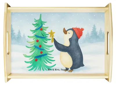 Produktbild von Mr. & Mrs. Panda Tablett Pinguin Weihnachtsbaum Design - Weiß - Geschenk, Servier, Weihnachten, sofatablett, serviertablett aus holz, Winter