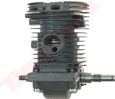 A black engine cylinder with fins and a shaft extending from the side, set against a white background.