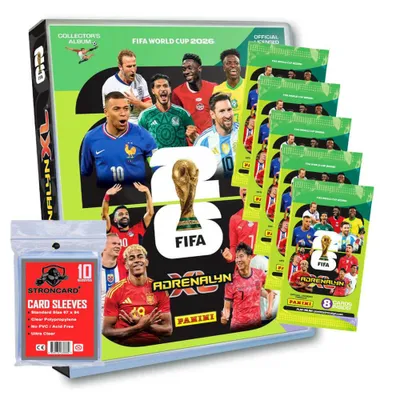 Produktbild von Fifa World Cup 2026 Adrenalyn XL - WM Trading Cards Sammelkarten - 1 Mappe + 5 Booster + 10 STRONCARD Sleeves