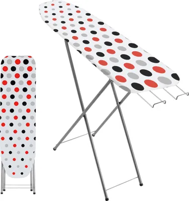 A polka-dotted ironing board is shown in an open and a folded position against a white background.