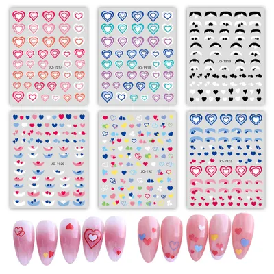 Image de 6 feuilles Sweet Heart Nail Decals, autocollant 3D French Hollow Nail Art Design manucure DIY décoration d'ongles pour les ongles acryliques
