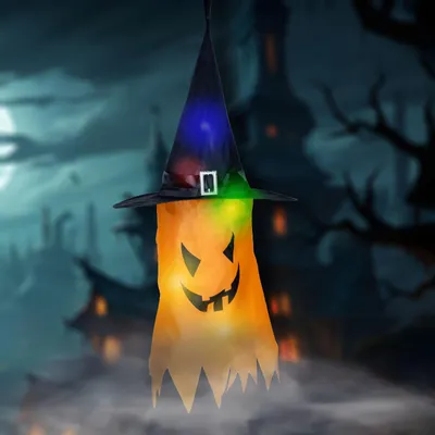 Produktbild von Halloween-LED-Dekoration – Geist – gelb – 10 farbige LEDs – zum Aufhängen – 2 x 2032 Batterien – 75 x 35 cm, KI-generiertes Bild
