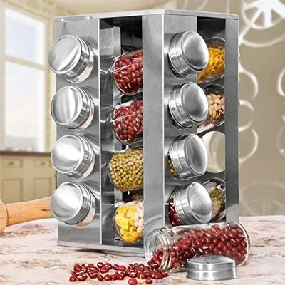 Produktbild von Design Edelstahl Gewürzregal mit 16 Echtglas Gewürzgläsern Gewürzkarussell