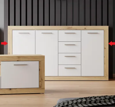 Produktbild von Forte BACCIO Sideboard 150, modernes Sideboard für Wohn-/Schlafzimmer, 3-türig, 4 Schubladen, Holzwerkstoff, Artisan Eiche Holzdekor|Weiß, 152,6 cm breit x 91,5 cm hoch x 34 cm tief