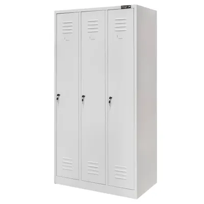 Zdjęcie produktu dla Szafka szafa ubraniowa BHP socjalna metalowa  Mega-M J-90 3-drzwiowa szara 90x50x180 cm skręcana