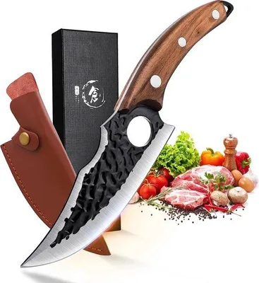 Productafbeelding van Unyqoos® Ausbeinmes – Professioneel Japans kookmes van koolstofstaal, handgesmeed, met houten handgreep, cadeauverpakking, veelzijdig voor keuken en kamperen