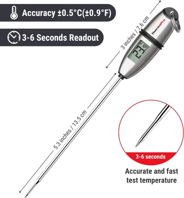A digital thermometer with text overlays highlighting its features.