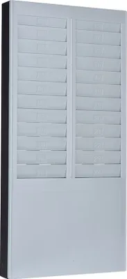 A time card rack with 24 slots, divided into two columns of 12 slots each.