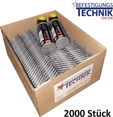 A cardboard box filled with nail gun nails and two fuel cells.