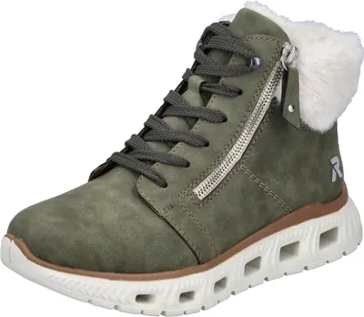 A single green women's boot with white fur trim and a white sole is shown against a white background.