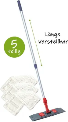 Produktbild von Profi Wischset 5tlg Wischmopp Bodenwischer mit Klapphalter, Teleskopstiel + 3x Mikrofaserbezug 40cm