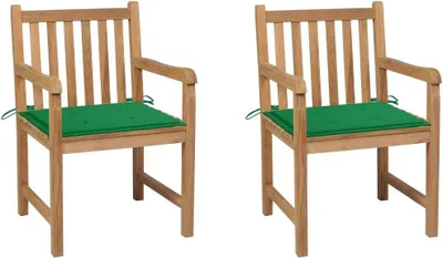 Imagen del producto de Dos sillas de jardín de madera de teca maciza, con cojines verdes y diseño rústico, con una capacidad de carga máxima de 110 kg