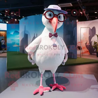 Produktbild von Weiße REDBROKOLY Flamingo Maskottchen Kostüm figur bekleidet mit einem Hosenrock und einer Brille