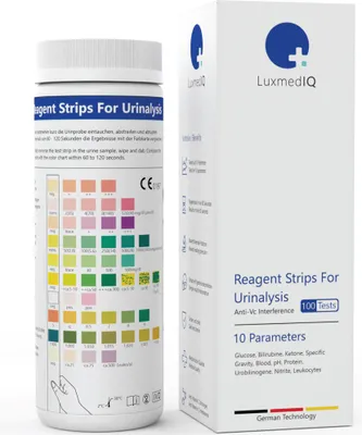 Produktbild von 100x LuxmedIQ Urin Teststreifen - 10 Parameter Urinalysis Gesundheitstest - Teste auf Harnwegsinfektionen, Blasenentzündungen. Ketose, Diabetes & mehr