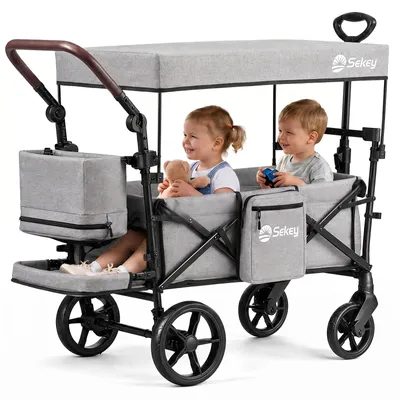 Zdjęcie produktu dla Sekey Bollerwagen składany z daszkiem, wózek dla dzieci z bardzo dużymi kołami (24/20 cm), z uchwytem do ciągnięcia/pchania, kolor: szary