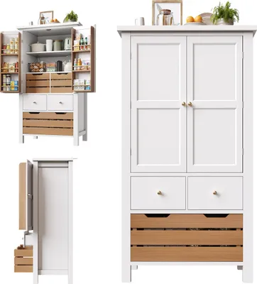 Image de Armoire de cuisine (80 x 40 x 140 cm), buffet haut, buffet polyvalent, meuble à snacks, meuble de rangement avec deux portes et cinq tiroirs