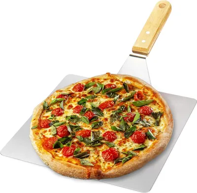 Produktbild von Pizzaschaufel aus Edelstahl - Pizza- und Kuchenschaufel mit Holzgriff - Pizzaschieber für Pizza, Tarte Flambée, Brötchen und Brot - eckig - silber/braun