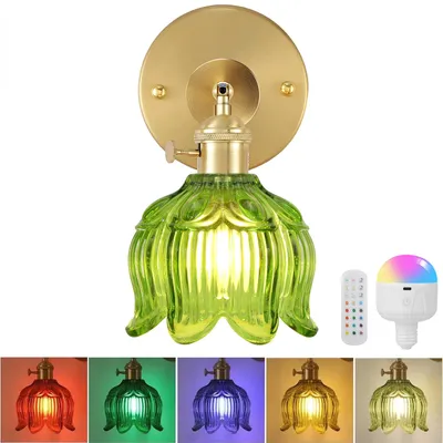 Produktbild von Wandleuchte Vintage Grün Maiglöckchen Glas Lampenschirm Innen Wandlampe E27 mit LED RGB Aufladbare Glühbirne und Fernbedienung