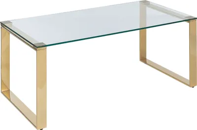 A rectangular glass coffee table with a gold stainless steel frame, shown against a white background.