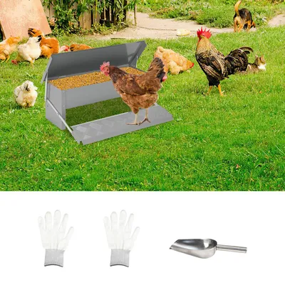 Produktbild von Ikodm Futterautomat Hühner 5 kg, Geflügel Futterspender verzinkt mit Trittplatte, Schaufel und Handschuhen