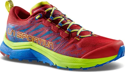 La Sportiva Jackal II Gtx Trailrunning-Schuh in Rot mit blauen und gelben Akzenten; Low Cut Design.
