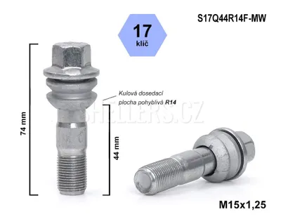 Obrázek produktu pro Kolový šroub M15x1,25x44 kulový R14, pohyblivá plocha, klíč 17, S17Q44R14F-MW, výška 74 mm
