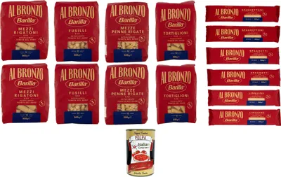 Produktbild von Barilla Al Bronzo Testpaket Pasta Fusilli,Mezze Penne,Mezzi Rigatoni,Linguine,Spaghetti,Spaghettoni,Tortiglioni, Bronze Gezogene Pasta Rohe Verarbeitungsmethode 14x 500gr + Italian Gourmet polpa 400g