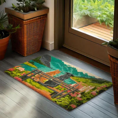 Immagine prodotto di BRUBAKER Zerbino per interni ed esterni - Cane e gatto davanti al lago con fiori - 45 x 75 cm - Resistente alle intemperie e antiscivolo - Zerbino antiscivolo