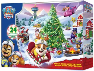 A festive winter scene with Paw Patrol characters and a Christmas tree, presented on the packaging of an advent calendar.