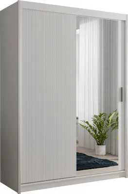 Produktbild von Kleiderschrank CHICAGO SLIM 150 cm mit Spiegiel Schrank Geriffelte Fronten Schwebetürenschrank 2-türig Kleiderstange Weiß