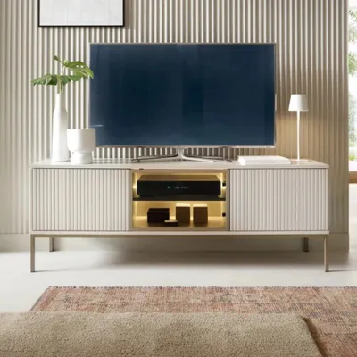 Produktbild von TV Lowboard Lagos Kaschmir Beige 154 cm mit LED – Glasfront, Metallfüße, Push-to-Open, Modern