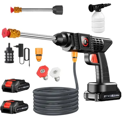 Obrázok produktu pre Akumulátorový vysokotlakový čistič - 21 V - 50 bar - 3000 W - 2 akumulátory s 5 článkami - so samočinným nasávaním - 2 trysky - 5 m hadica