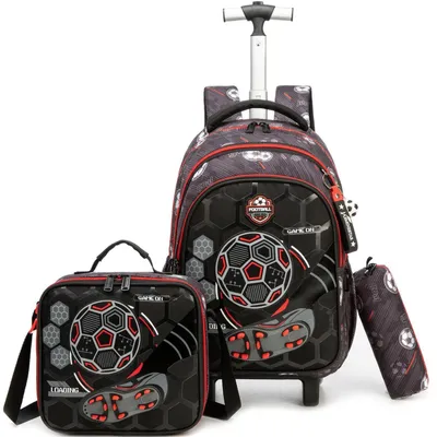 Productafbeelding van Schooltassen met wielen voor kinderen, rugzak met trolley voor jongens, rood, voetbalmotief, 42 cm