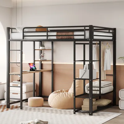 Produktbild von Hochbett mit Schreibtisch und Regal, 140x200 cm, Metallbett mit Lattenrost und Rausfallschutz, Jugendbett
