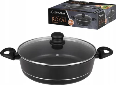 Produktbild von Tiefe Pfanne mit Deckel ROYAL 28 cm 2 Griffe Antihaftbeschichtung Diflon Glasdeckel Gas Induktion