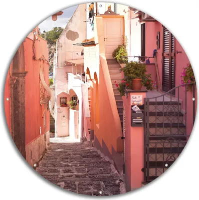 Produktbild von Wallario rundes Outdoor-Poster für Garten oder Balkon, Motiv Südländische Gasse- Italien bei Sonnenschein, 60 cm Durchmesser