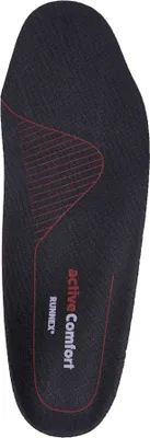 A top-down view of a black insole with red accents and text.