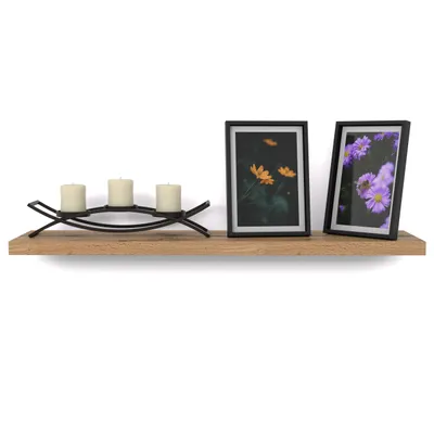 A wooden shelf with a candle holder and two framed pictures.