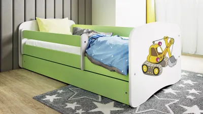 Obrázok produktu pre Detská posteľ Bagger 70x140, 80x160, 80x180 cm - kompletná súprava s matracom, zásuvkou a ochranou proti vypadnutiu