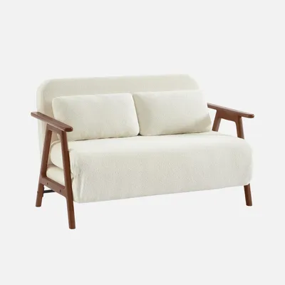 Produktbild von sweeek - 2-Sitzer Schlafsofa aus nussbaumfarbenem Heveaholz mit strukturiertem Bouclé-Bezug - Weiß