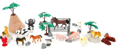 Produktbild von Tierwelt Bauernhof Spiel-Set 49 Teile, 14 Tiere wie Pferde, Kühe, Rind, Schwein, Hunde, Ziege etc., Pflanzen, Felsen, Gatter, Folien-Spielplan
