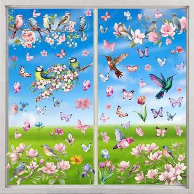 Fensteraufkleber Frühling, 69 Stück, Blumen, Vögel, Schmetterlinge