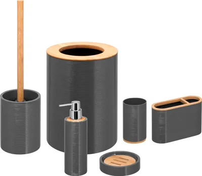 Produktbild von bremermann 6tlg. Bad-Set SEGNO | mit WC-Bürste Seifenspender Kosmetikeimer Seifenschale Bürstenhalter Becher, grau