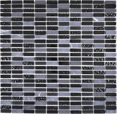 Produktbild von Glasmosaik mit Naturstein grau schwarz 1x3cm 31,3x31,8 cm