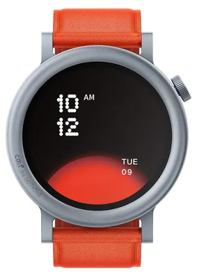 A close-up shot of a smartwatch with an orange strap and a silver casing.