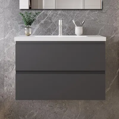 Produktbild von 80 cm Badmöbel-Set Unterschrank mit Mineralguss waschtisch 2 Schubladen soft-close Anthrazit Matt Selbstmontierter