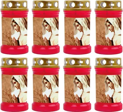 Produktbild von Grabkerze Rot 8er Pack, Brenndauer: 40 Stunden ( je Kerze ), Motiv: Maria